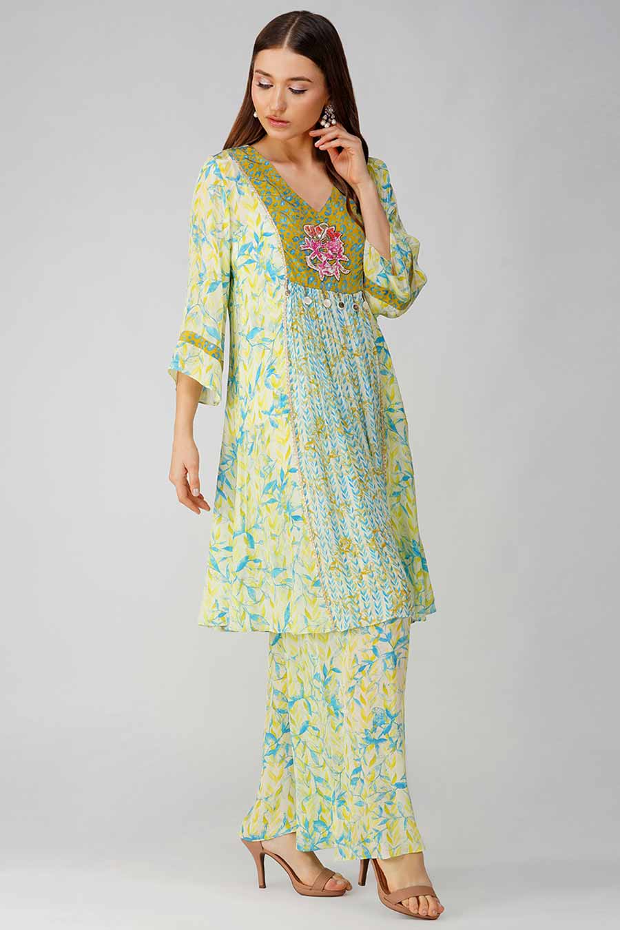 Yellow Leaf Printed Panelled Tunic & Pant Set