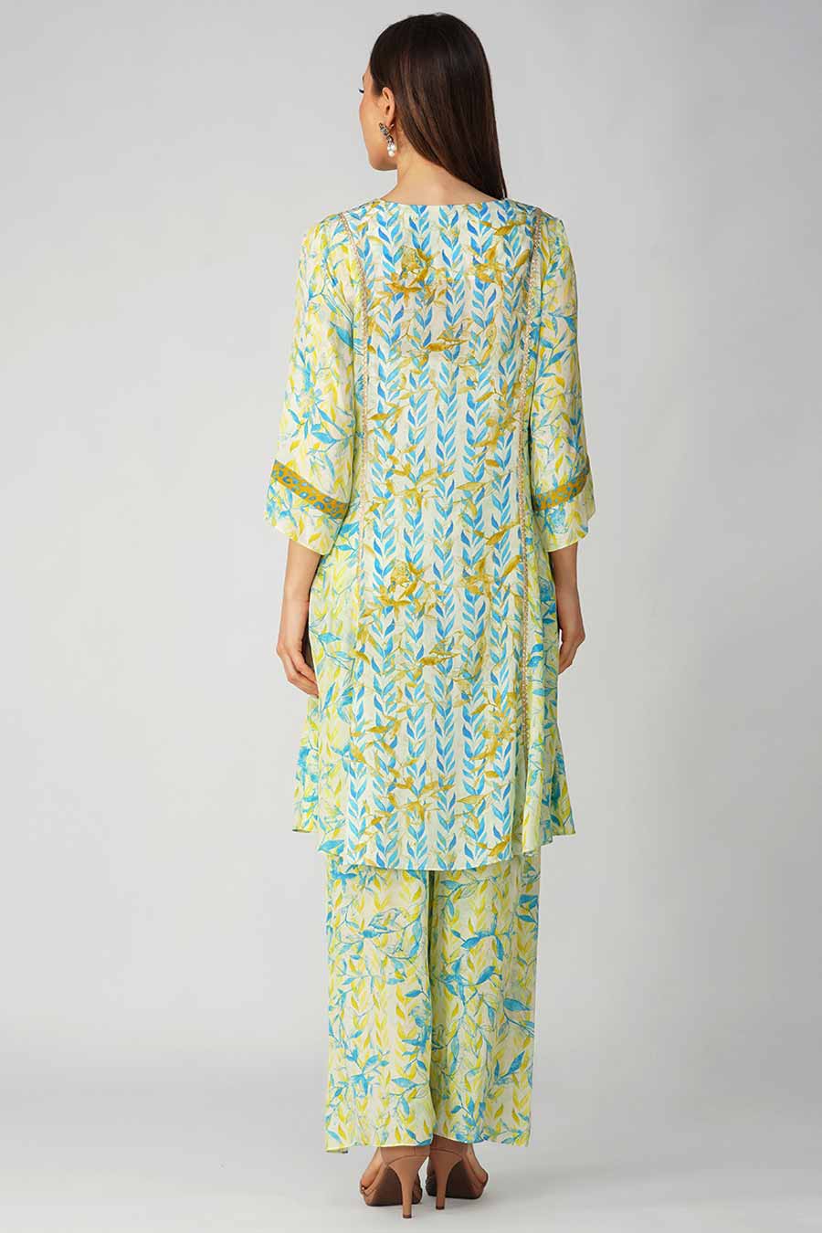 Yellow Leaf Printed Panelled Tunic & Pant Set