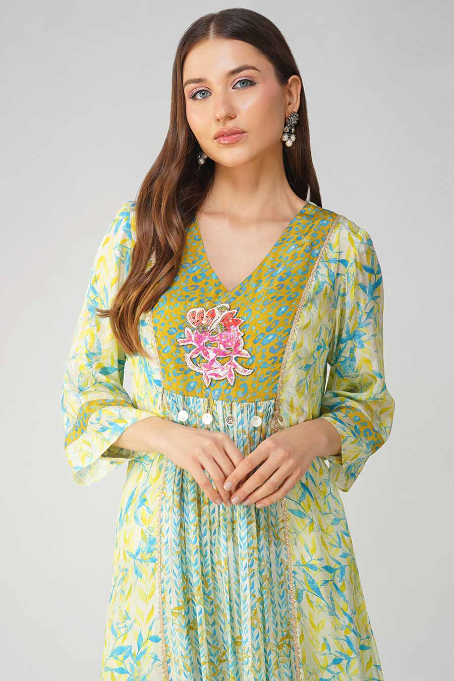 Yellow Leaf Printed Panelled Tunic & Pant Set