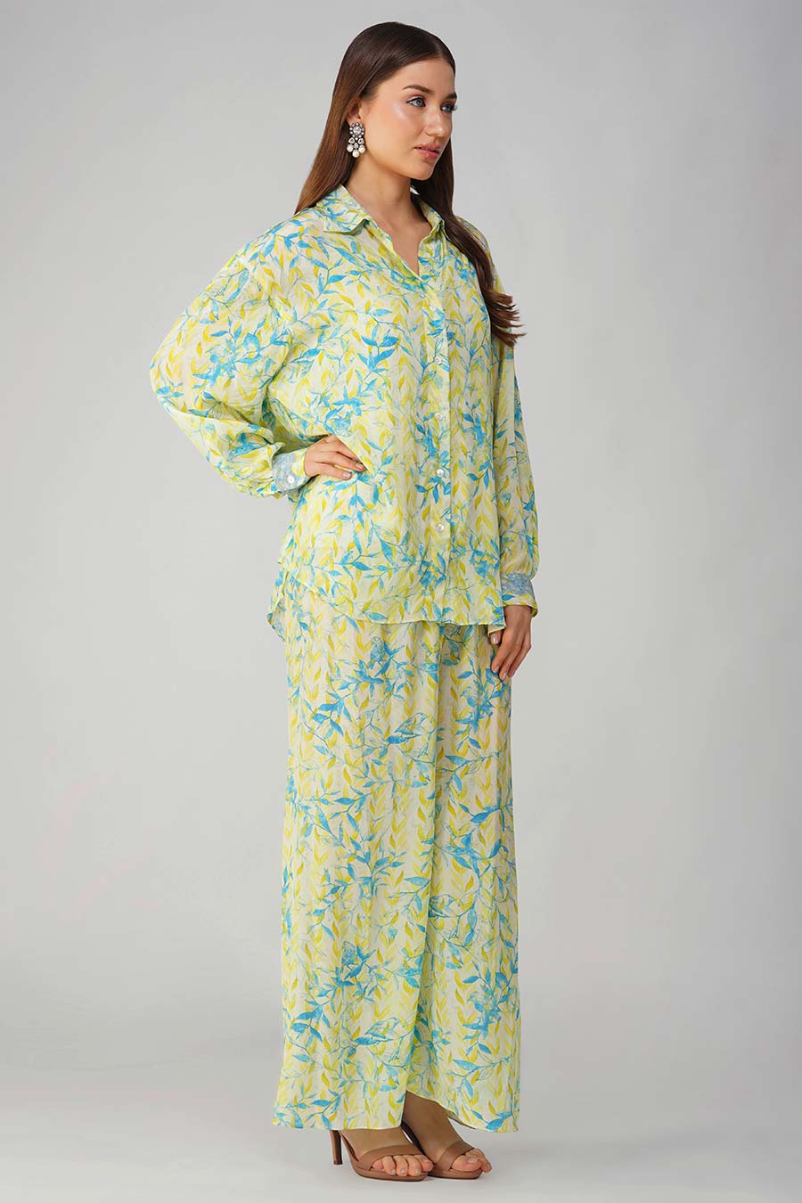 Yellow Leaf Printed Shirt & Pant Co-Ord Set