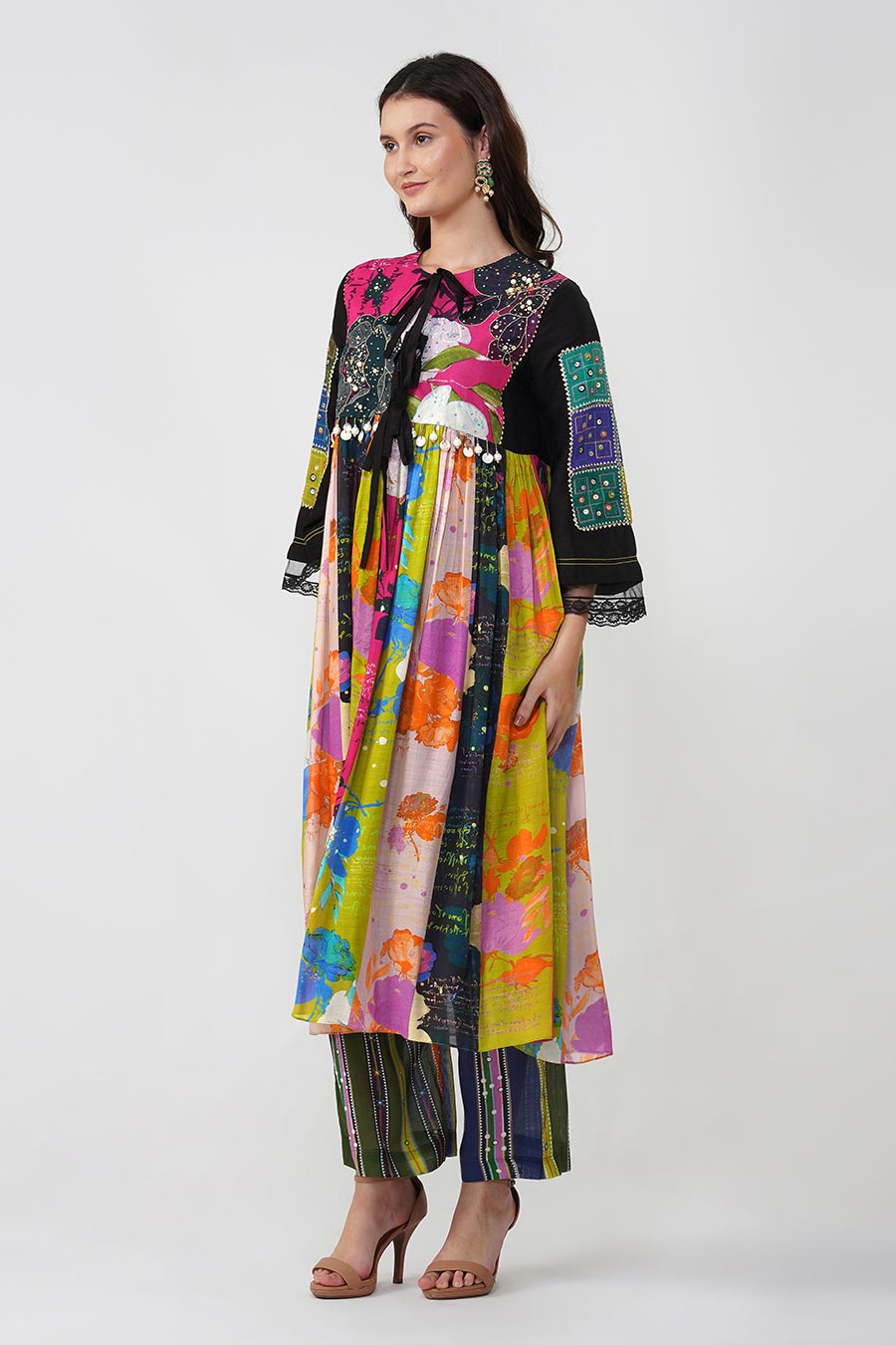 Multicolour Floral Mirrorwork Printed Anarkali & Pant Set