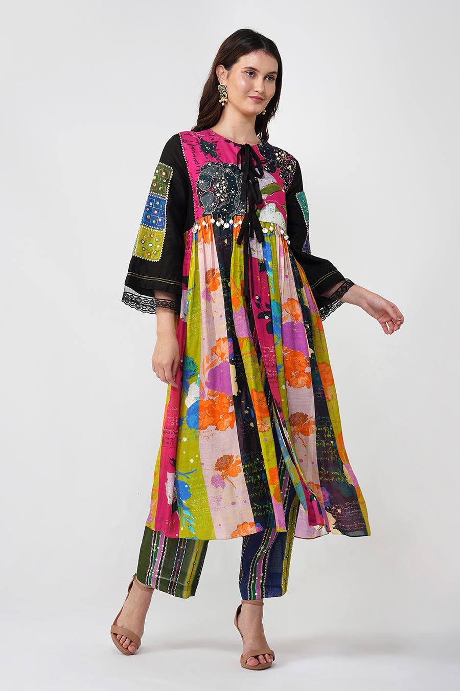 Multicolour Floral Mirrorwork Printed Anarkali & Pant Set