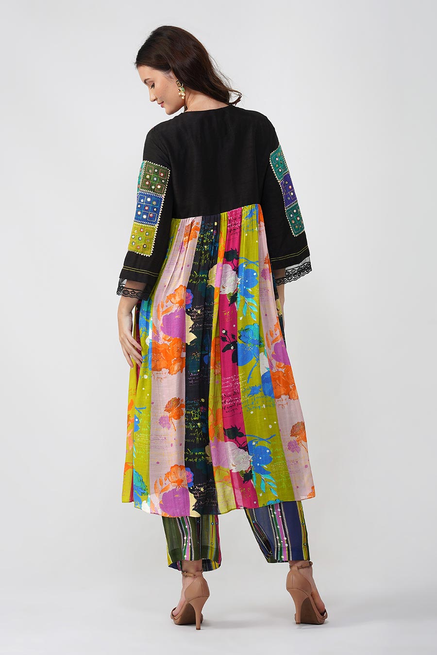 Multicolour Floral Mirrorwork Printed Anarkali & Pant Set
