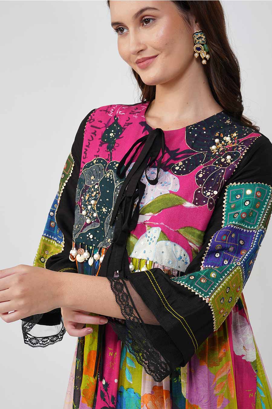 Multicolour Floral Mirrorwork Printed Anarkali & Pant Set