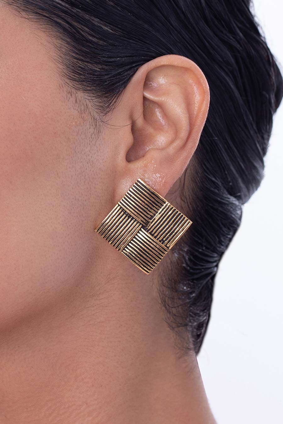 Gold Textured Square Stud Earrings