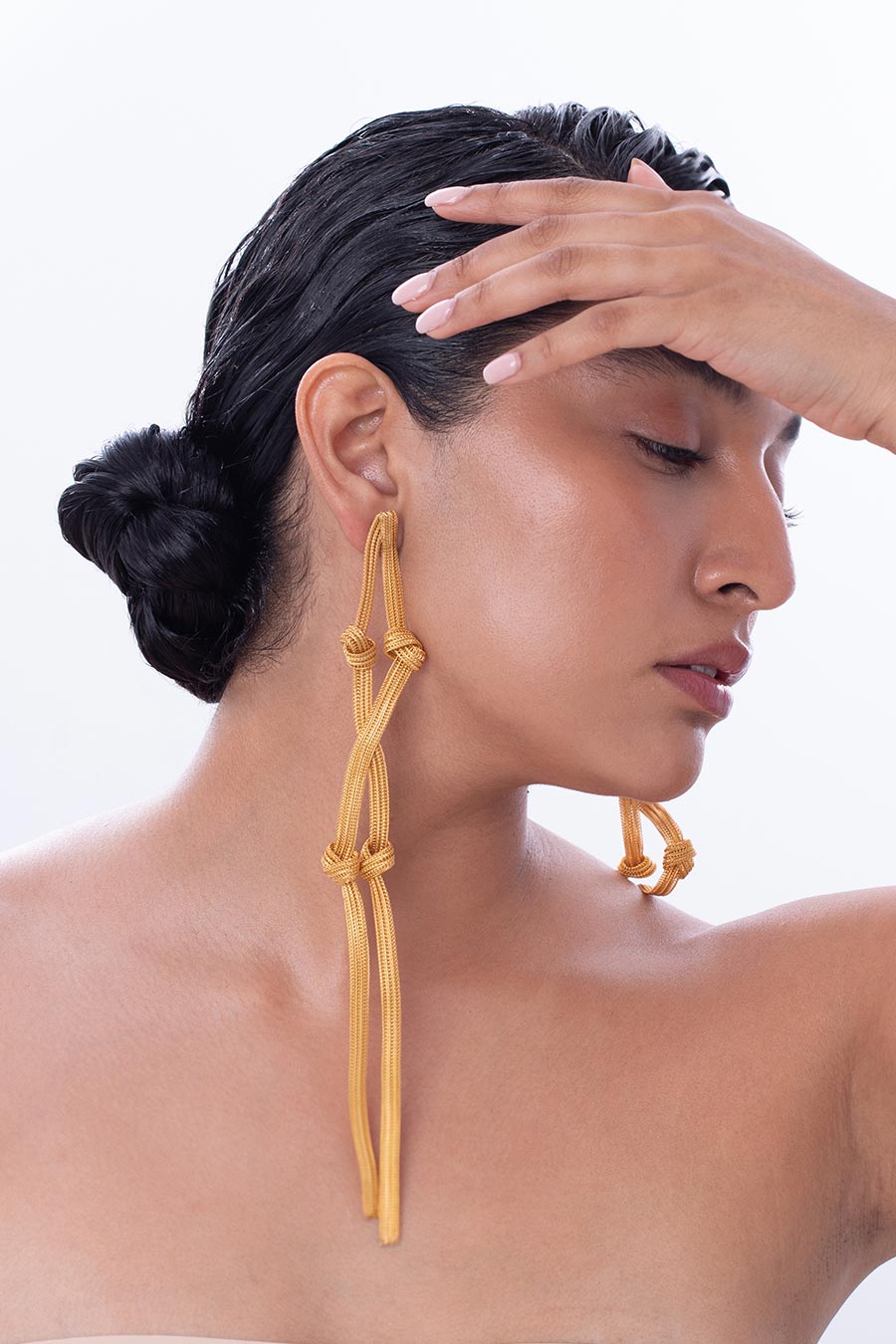 Gold Double-Knotted Mesh Long Earrings