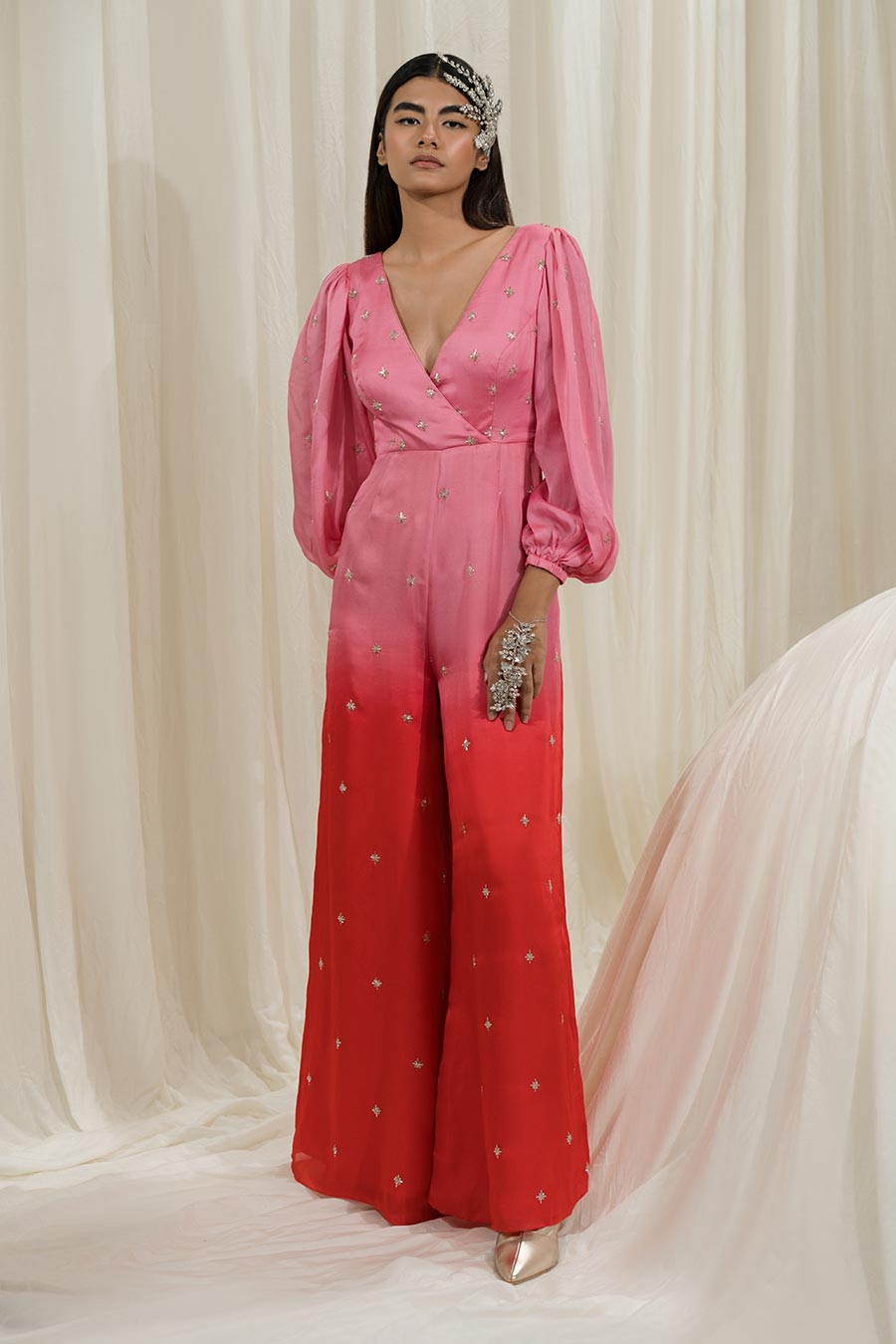 Pink-Red Embroidered Overlap Jumpsuit