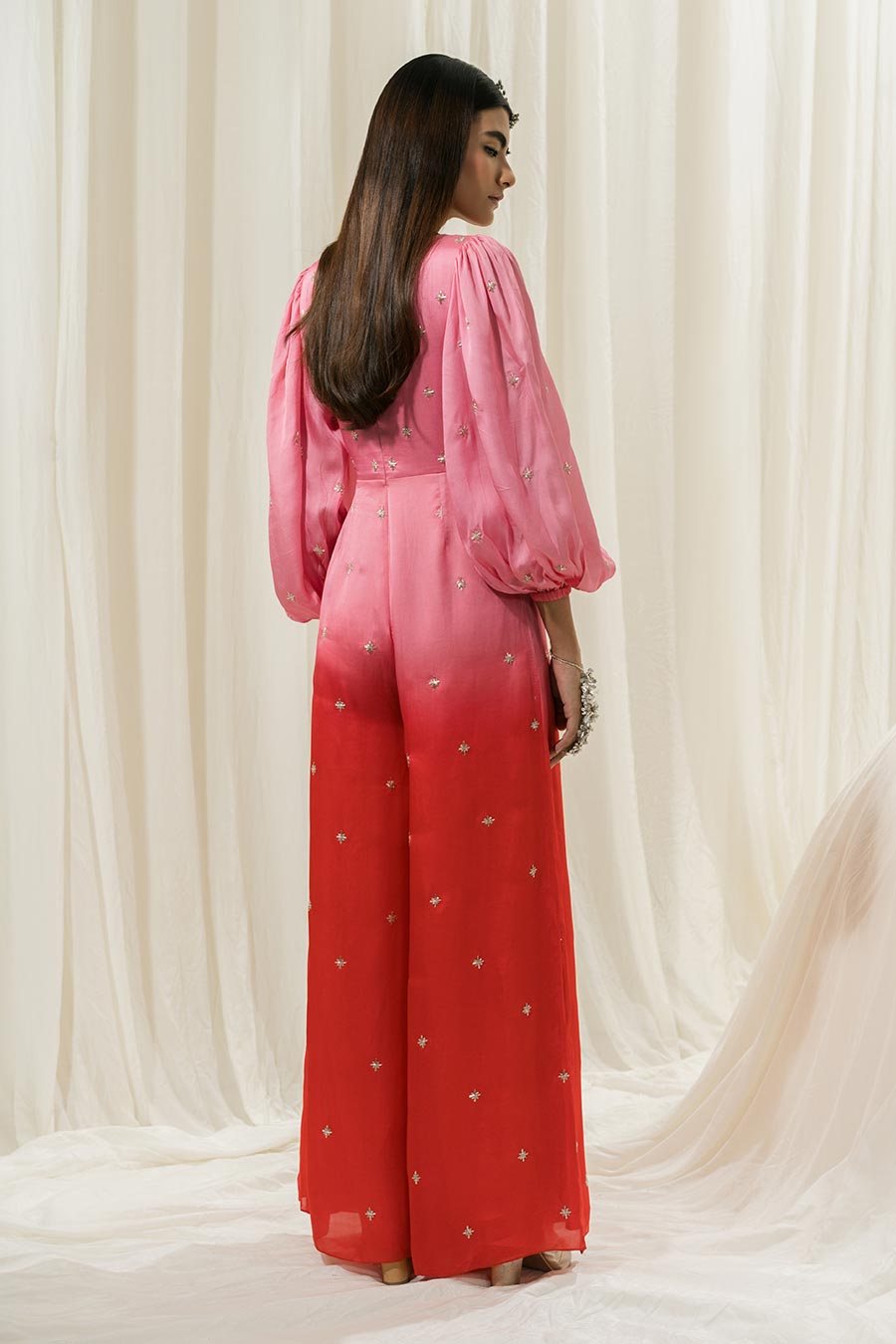 Pink-Red Embroidered Overlap Jumpsuit