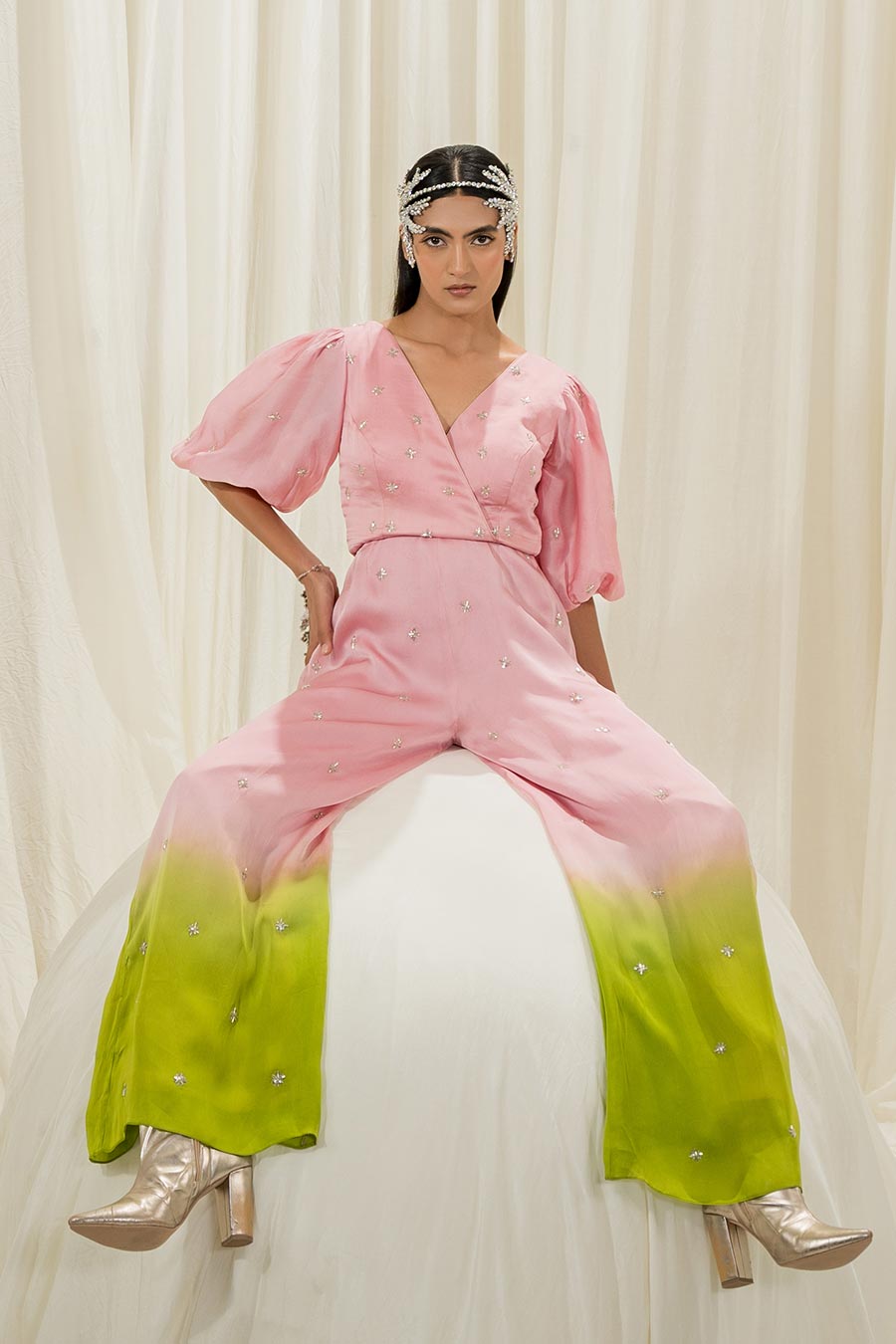 Light Pink-Parrot Green Embroidered Overlap Jumpsuit