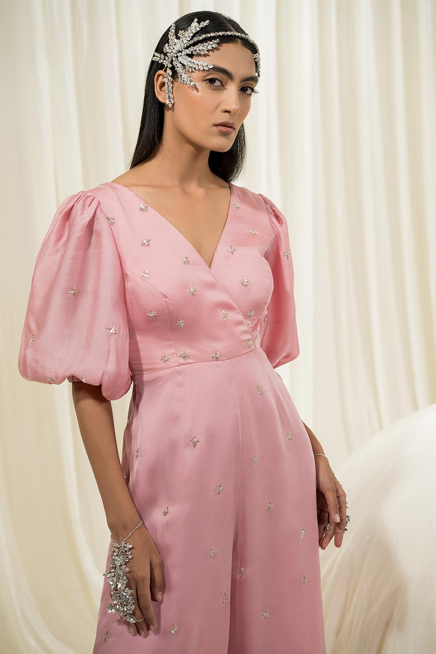 Light Pink-Parrot Green Embroidered Overlap Jumpsuit