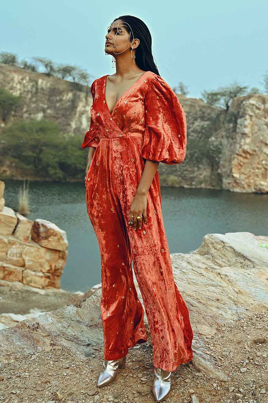 Rust Velvet Embroidered Overlap Jumpsuit