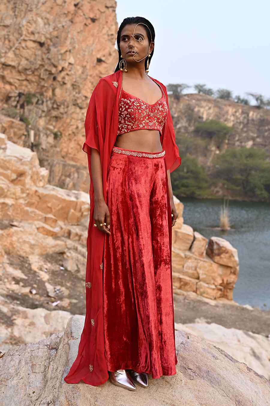 Red Velvet Co-Ord Set With Long Shrug - Main Image