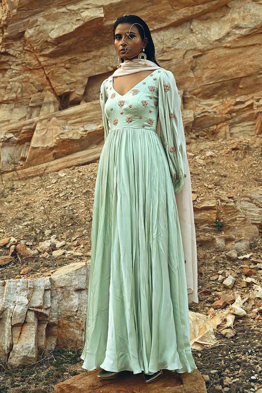 Mint Blue Embroidered Anarkali With Dupatta