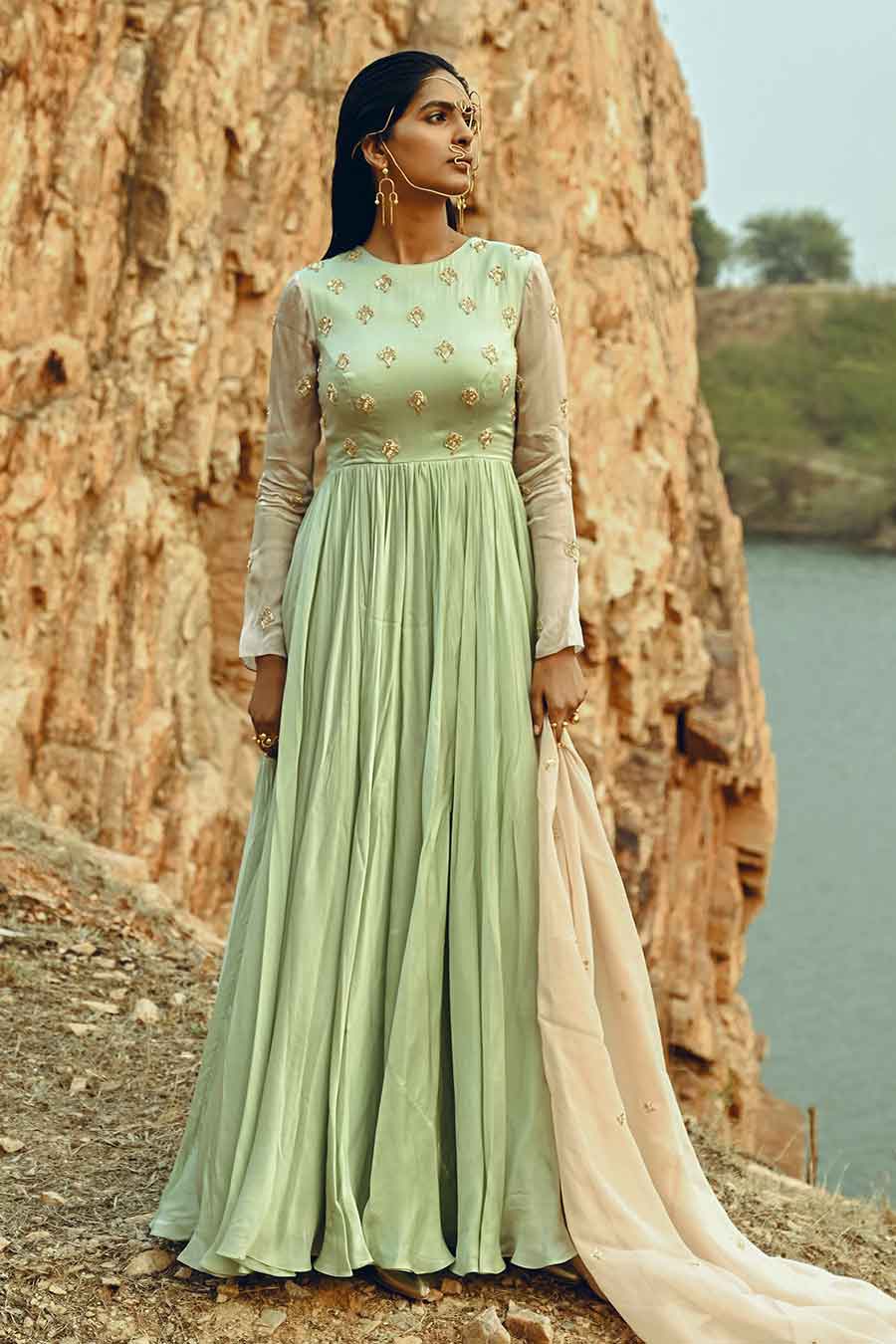 Green Embroidered Anarkali With Dupatta