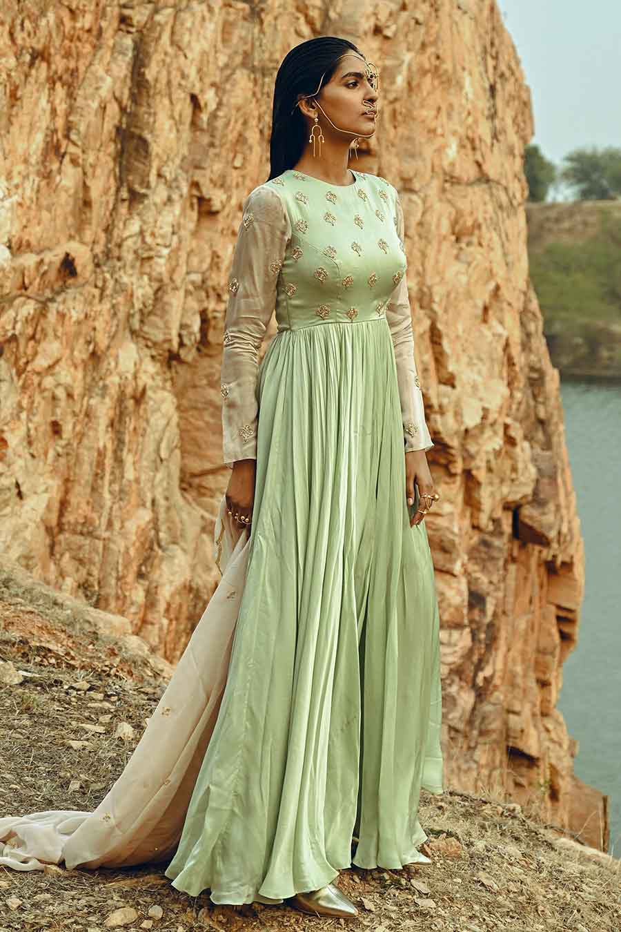 Green Embroidered Anarkali With Dupatta