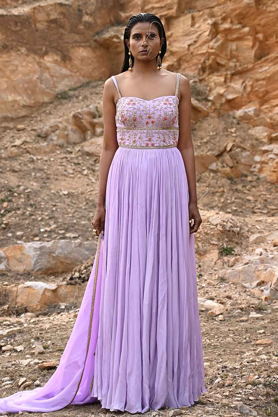 Lavender Embroidered Corset Anarkali With Dupatta