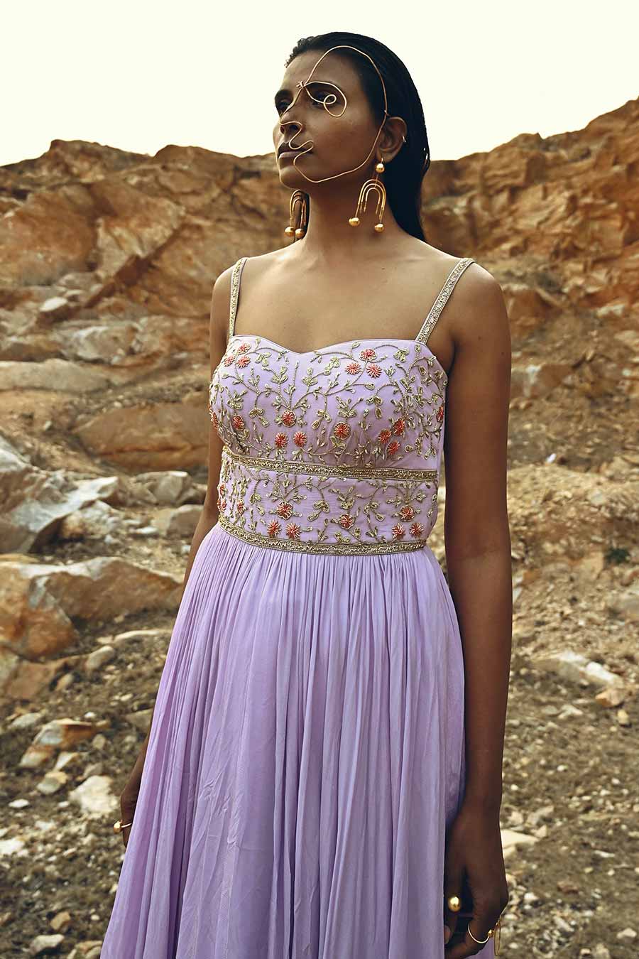 Lavender Embroidered Corset Anarkali With Dupatta