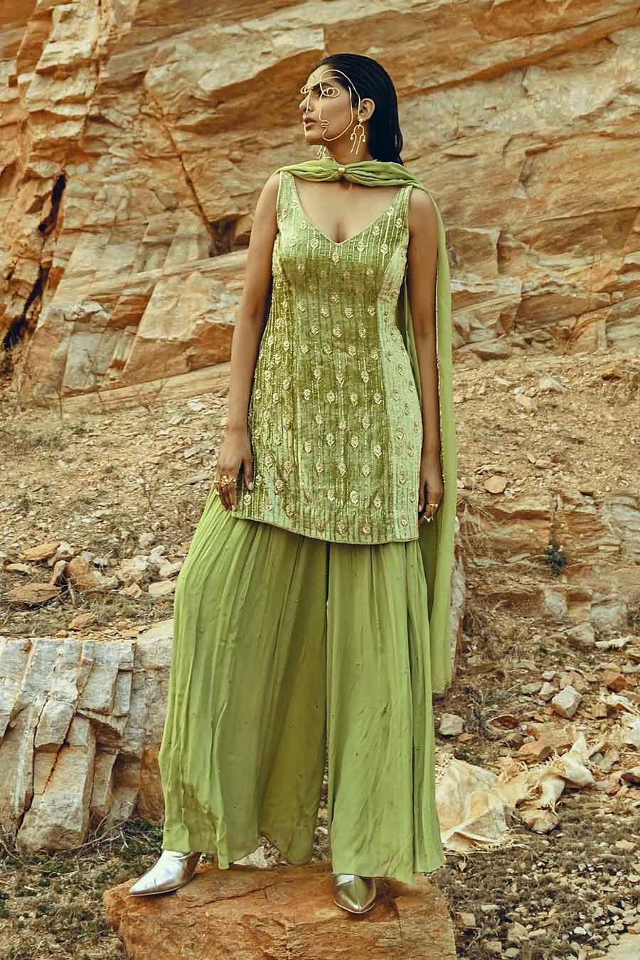 Pista Green Embroidered Sharara Set