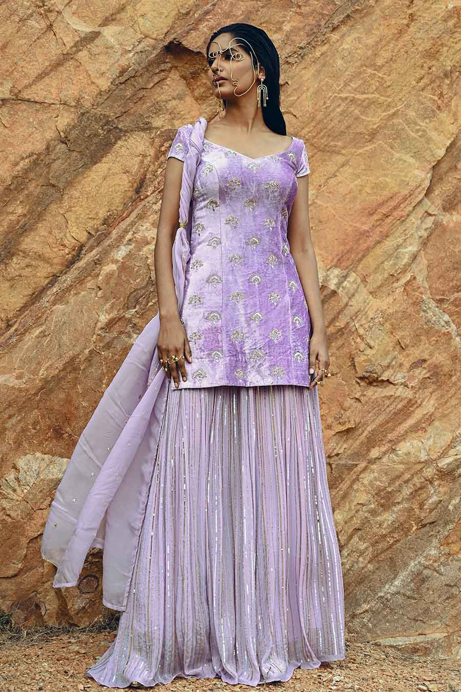 Lavender Floral Embroidered Sharara Set