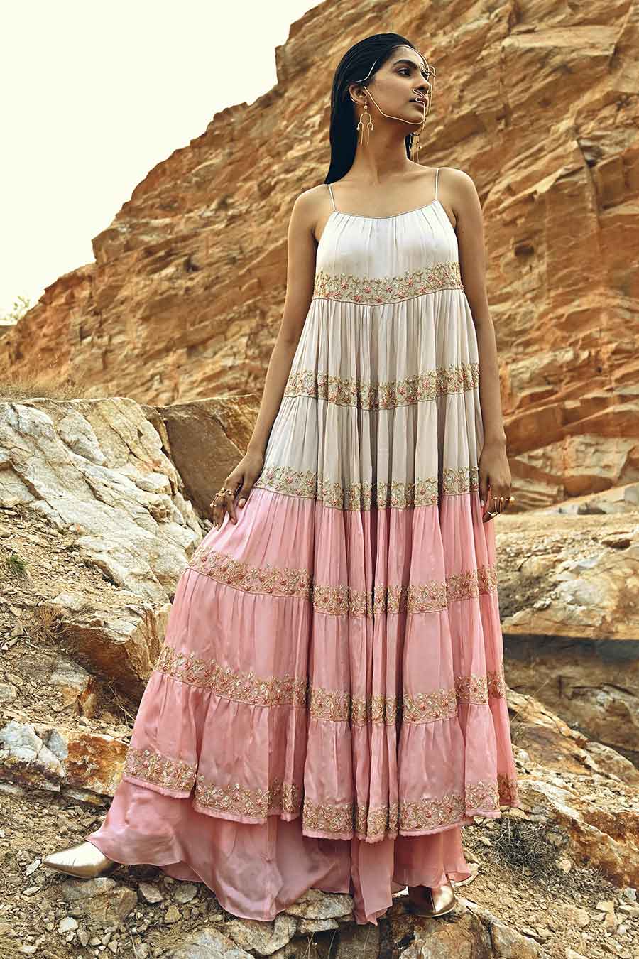 Pink Embroidered Tiered Kurta & Palazzo Set