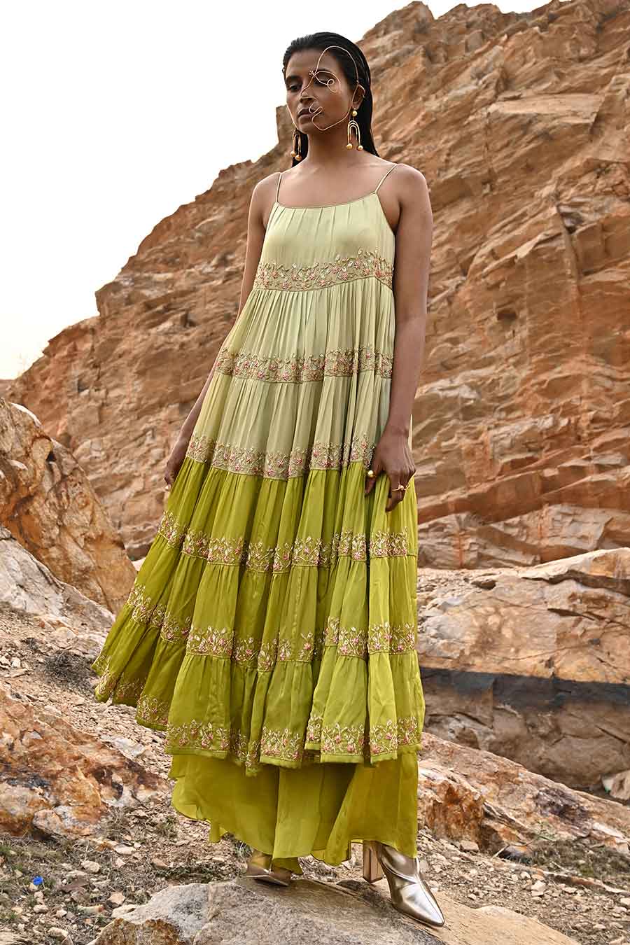 Green Embroidered Tiered Kurta & Palazzo Set