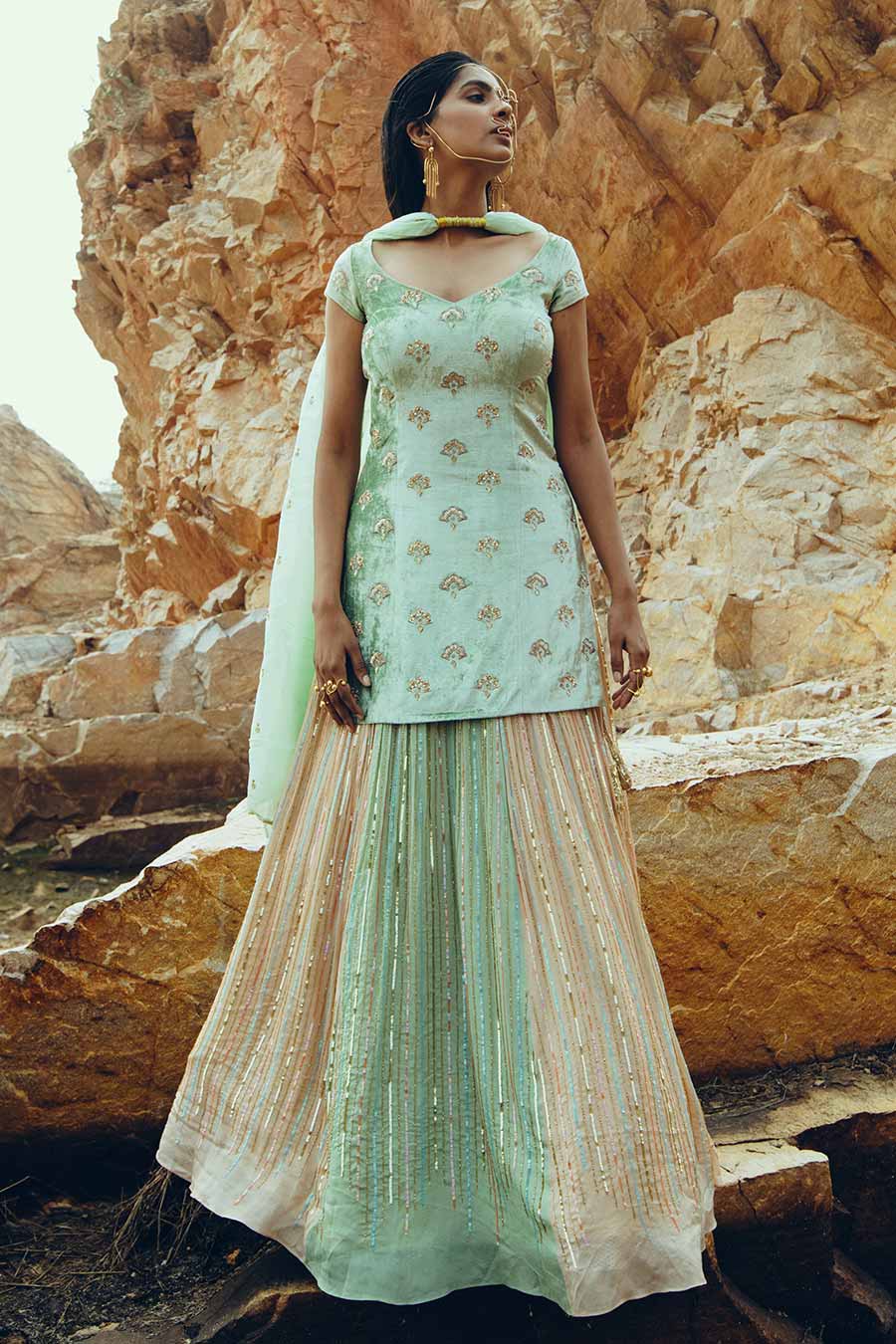 Mint Blue Velvet Embroidered Lehenga Set