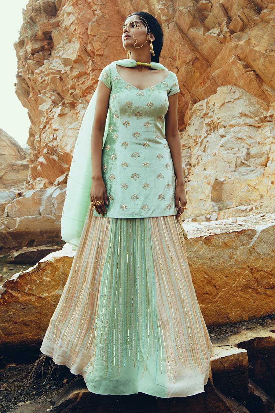 Mint Blue Velvet Embroidered Lehenga Set