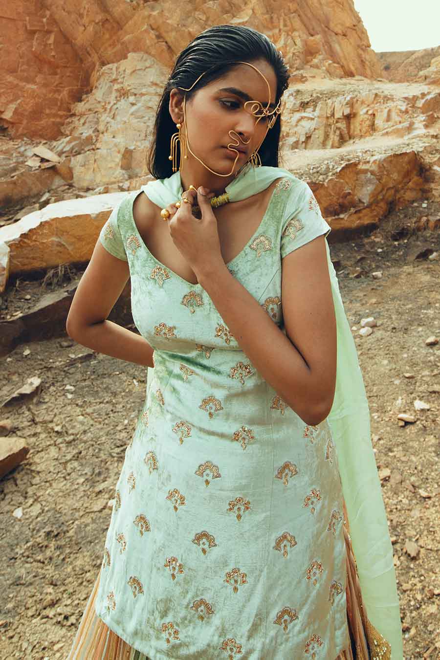 Mint Blue Velvet Embroidered Lehenga Set