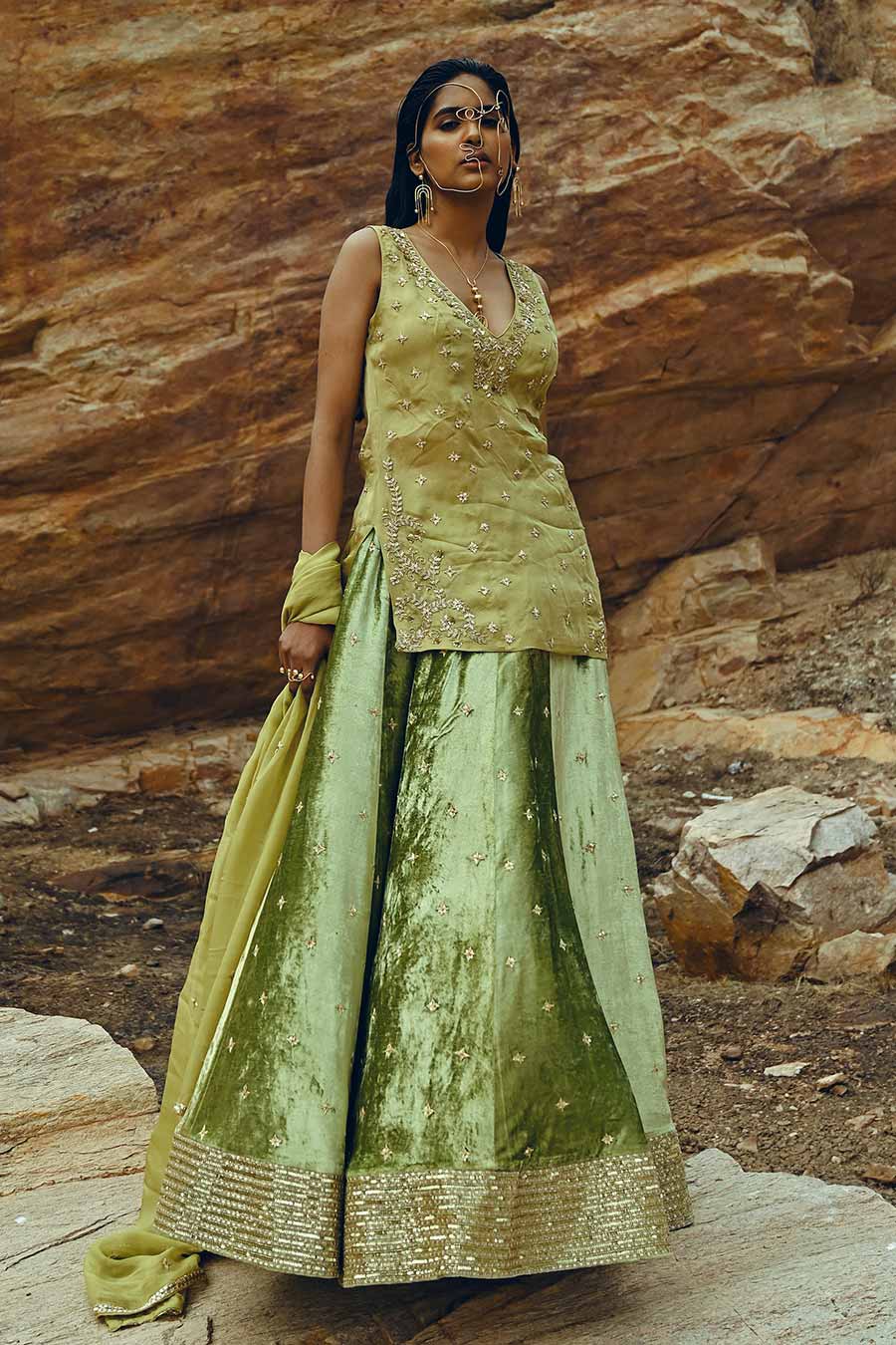 Green Velvet Embroidered Lehenga Set