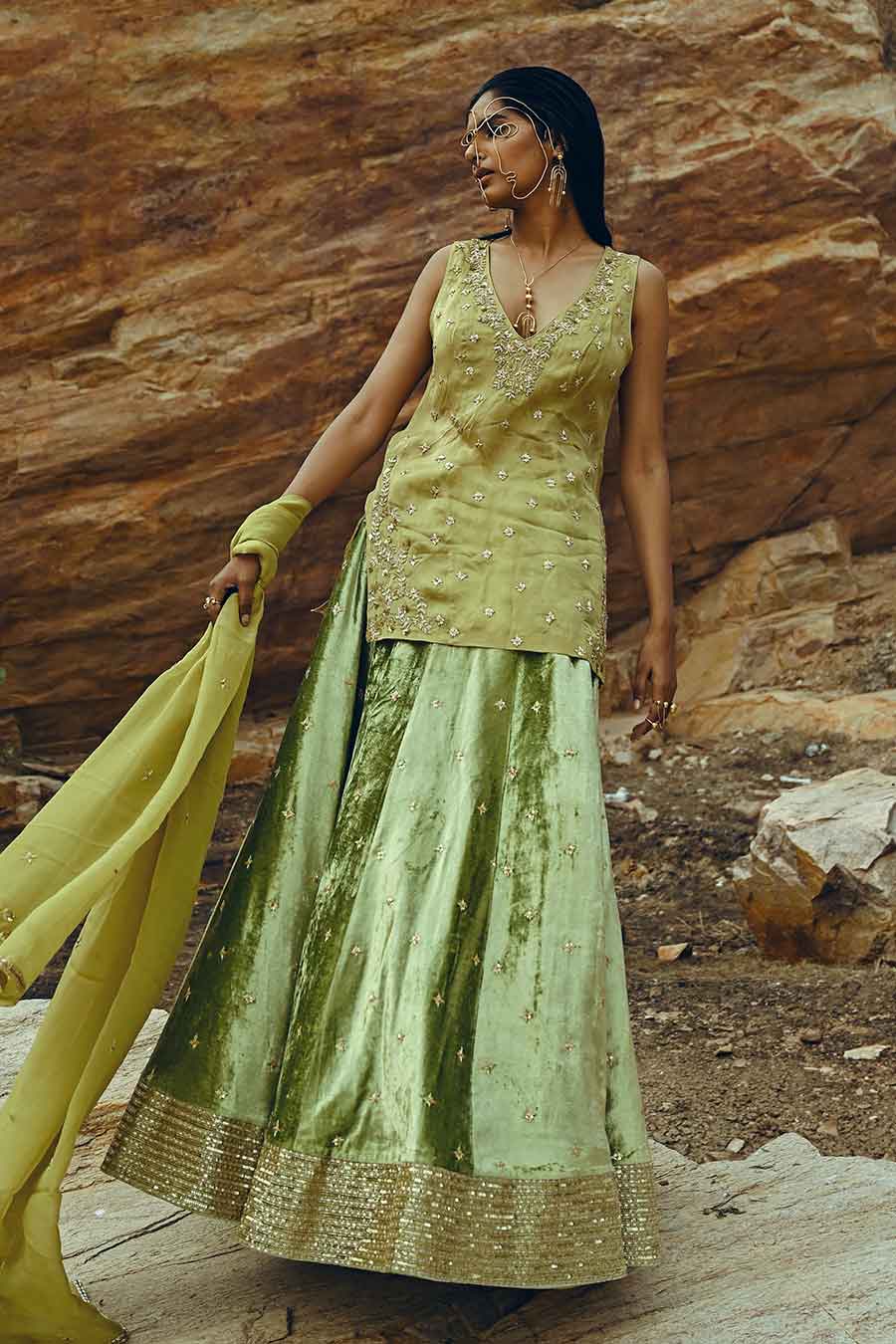 Green Velvet Embroidered Lehenga Set