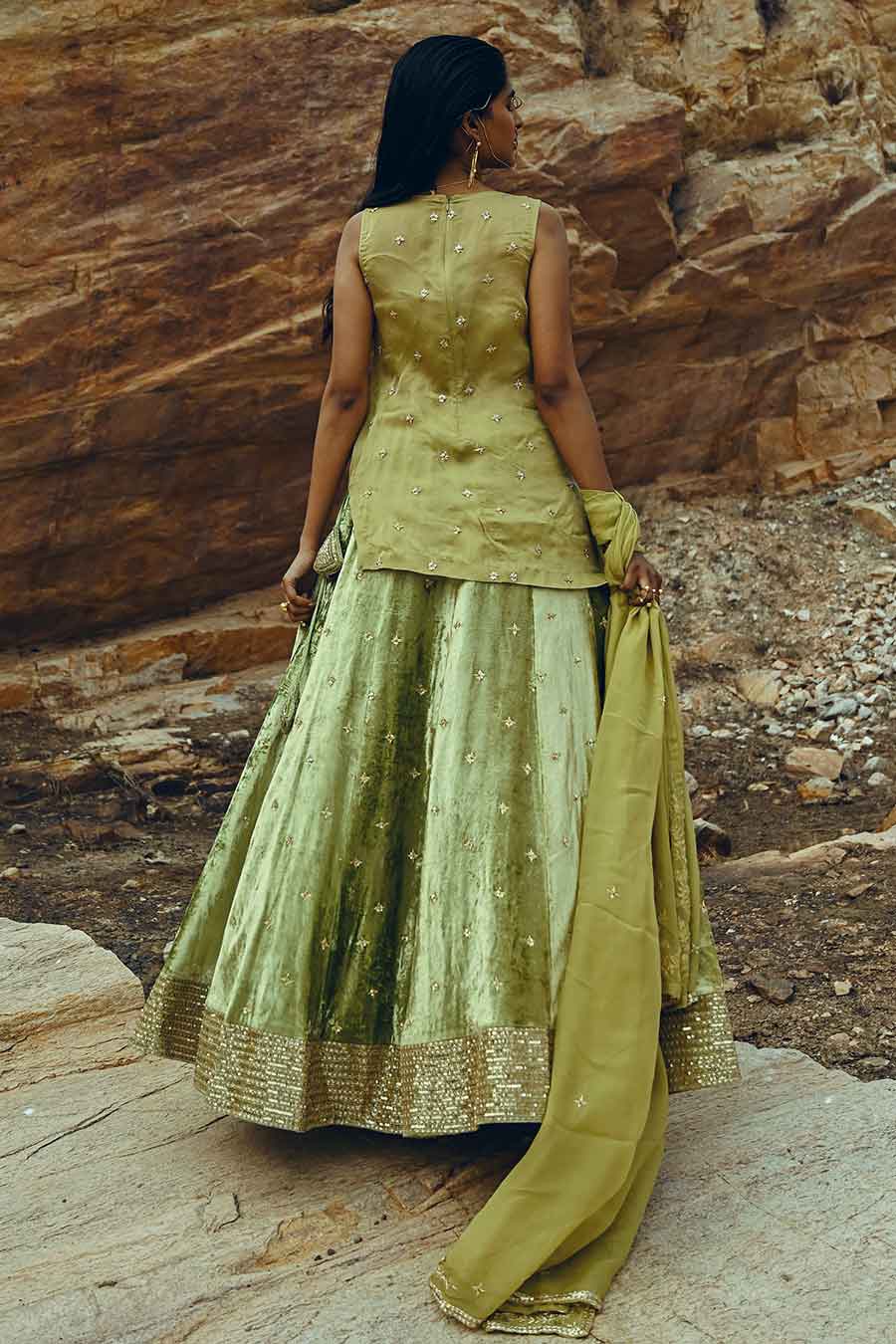 Green Velvet Embroidered Lehenga Set