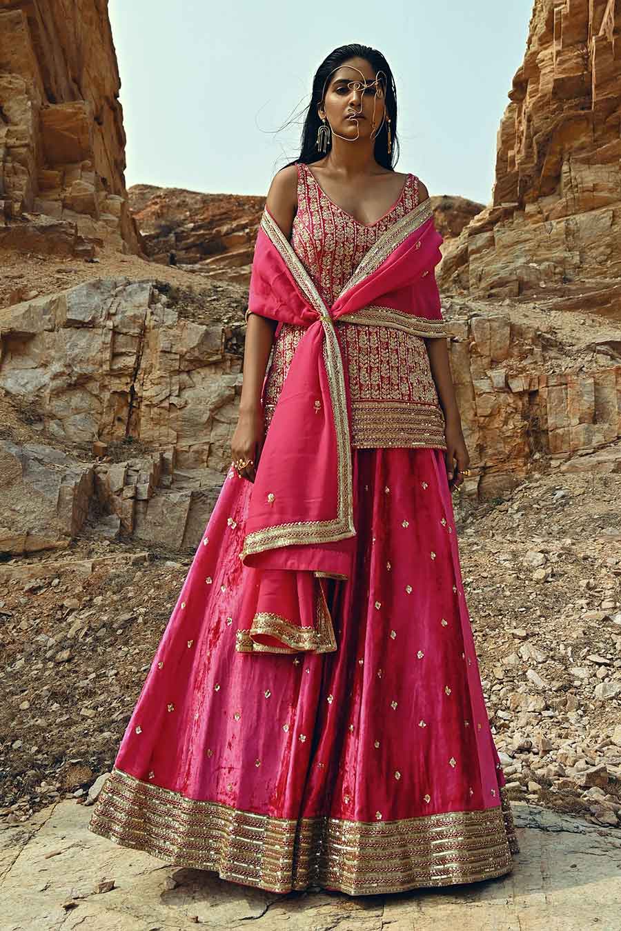 Pink Floral Embroidered Lehenga Set