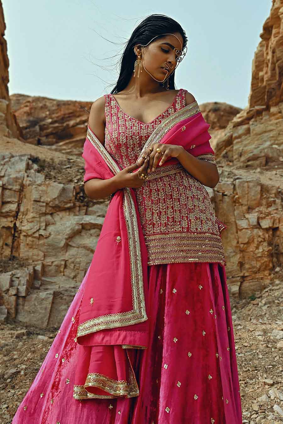 Pink Floral Embroidered Lehenga Set