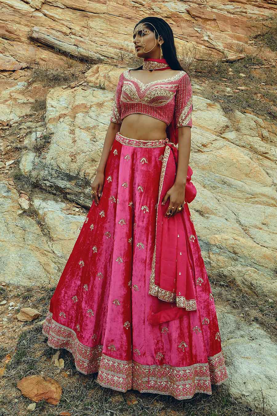 Pink Floral Embroidered Lehenga Set