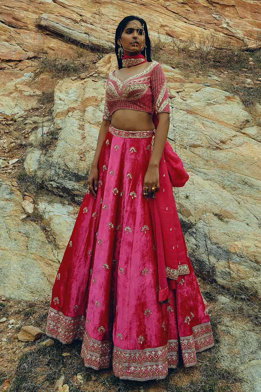 Pink Floral Embroidered Lehenga Set