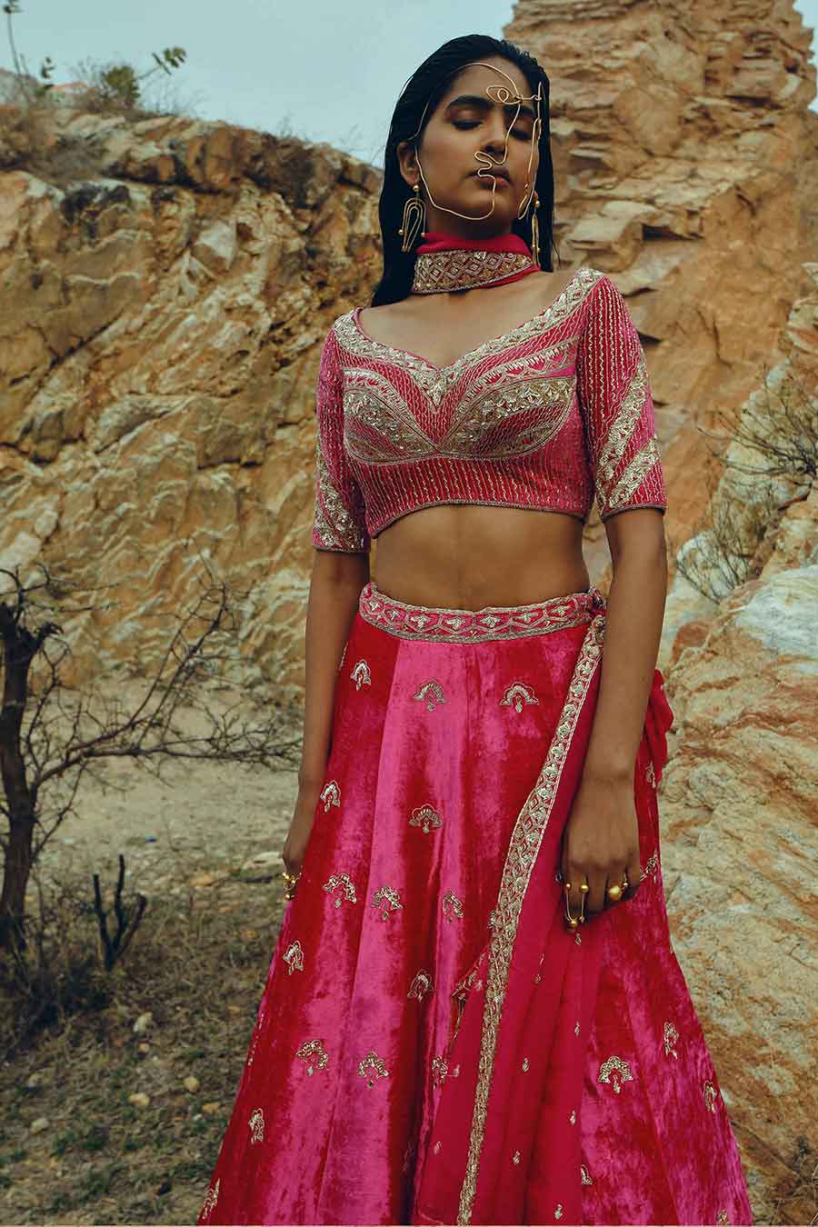Pink Floral Embroidered Lehenga Set