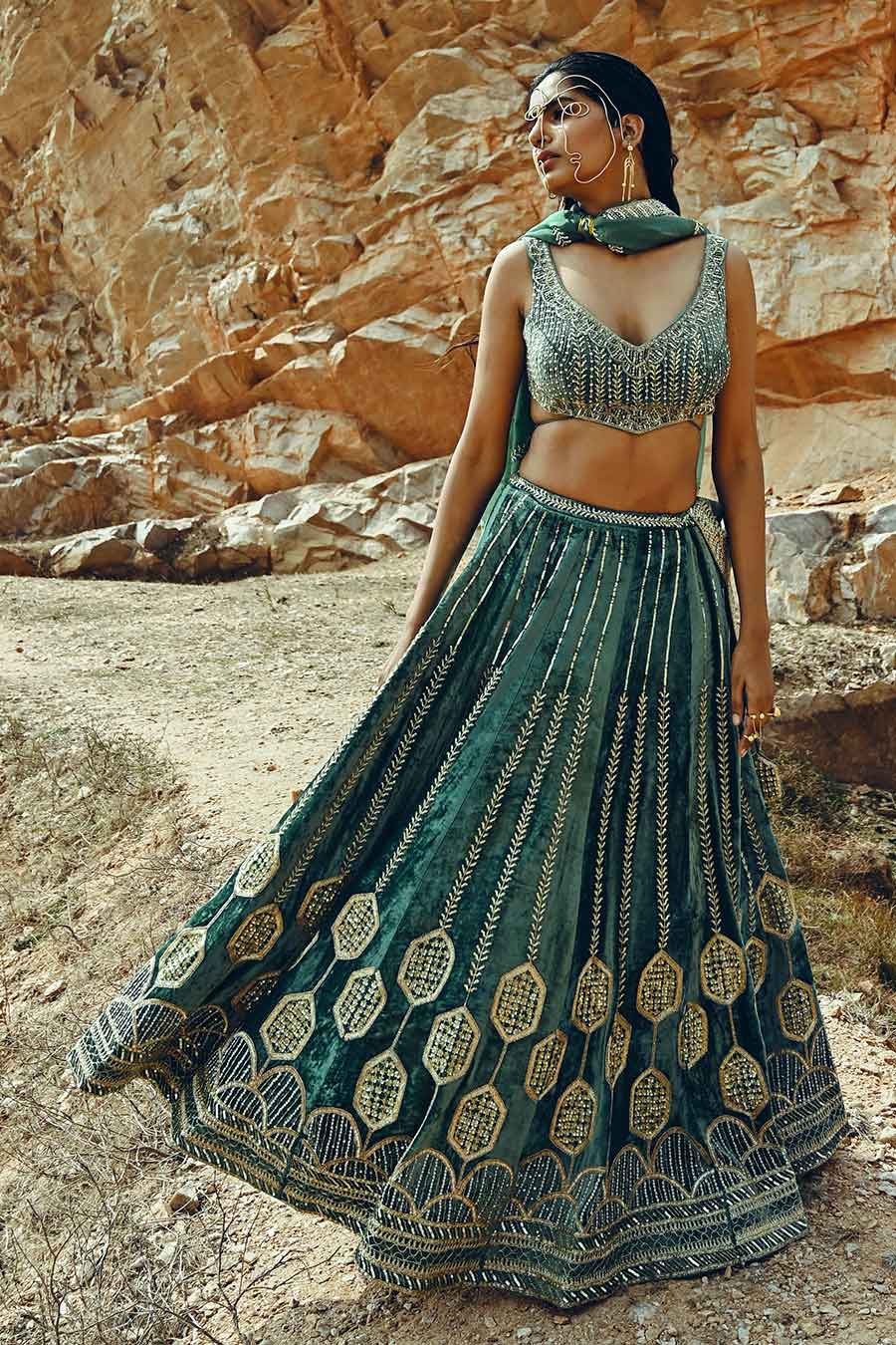 Turquoise Velvet Embroidered Lehenga Set