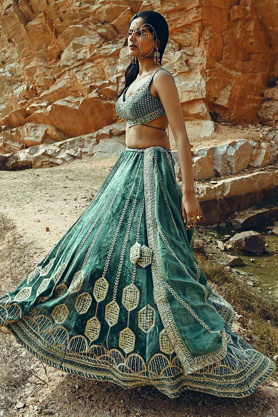 Turquoise Velvet Embroidered Lehenga Set