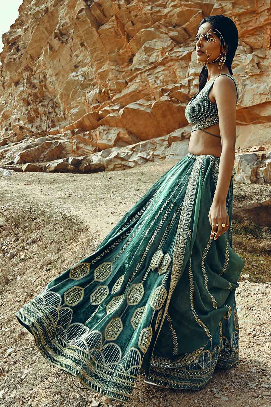 Turquoise Velvet Embroidered Lehenga Set