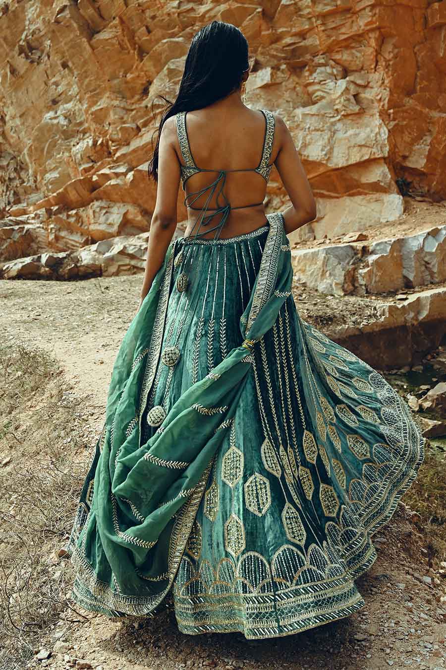 Turquoise Velvet Embroidered Lehenga Set