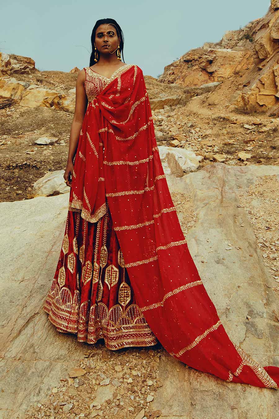 Red Velvet Nakshi Embroidered Lehenga Set