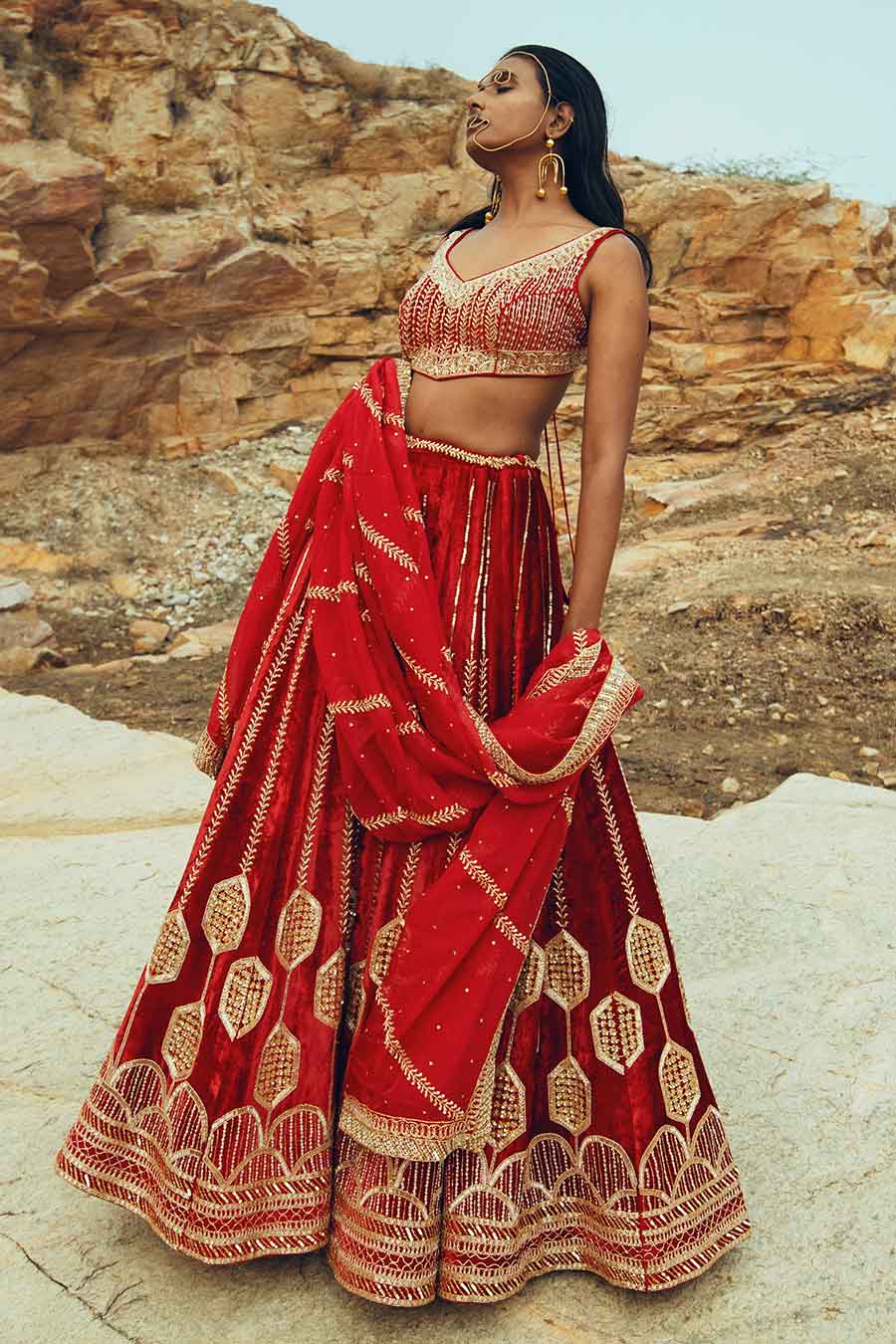 Red Velvet Nakshi Embroidered Lehenga Set