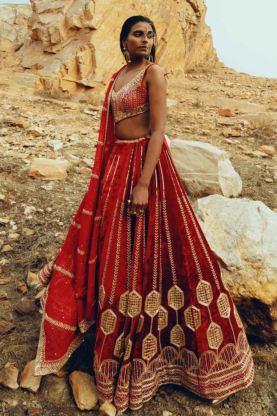 Red Velvet Nakshi Embroidered Lehenga Set