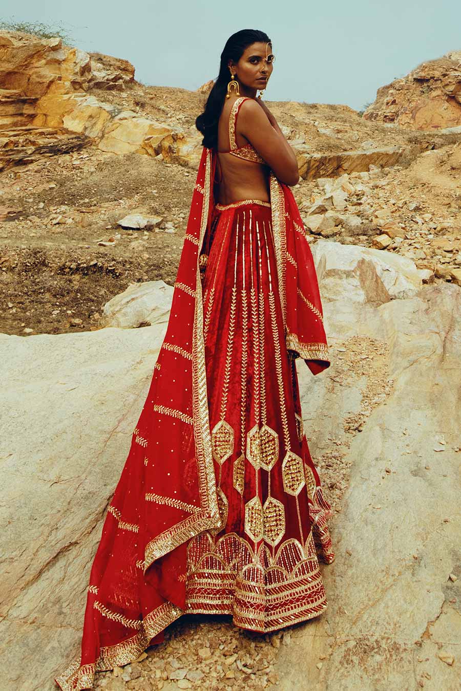 Red Velvet Nakshi Embroidered Lehenga Set