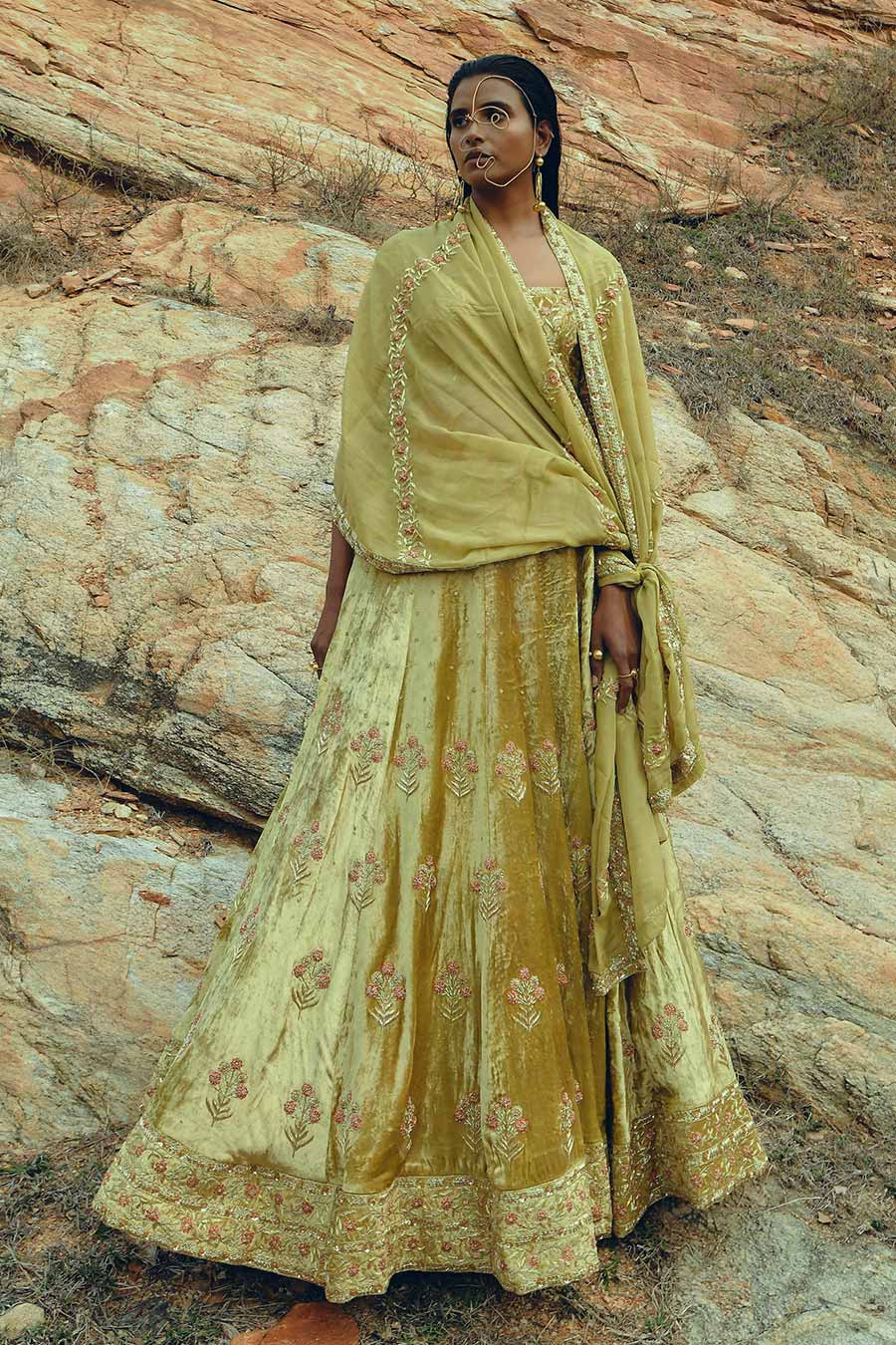 Yellow Velvet Floral Embroidered Lehenga Set