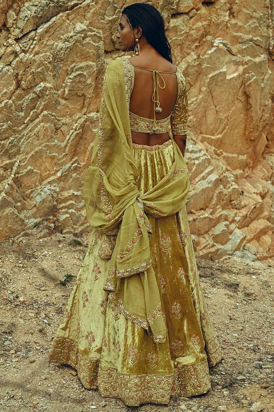 Yellow Velvet Floral Embroidered Lehenga Set