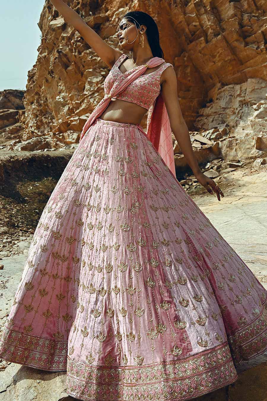 Pink Floral Nakshi Embroidered Lehenga Set