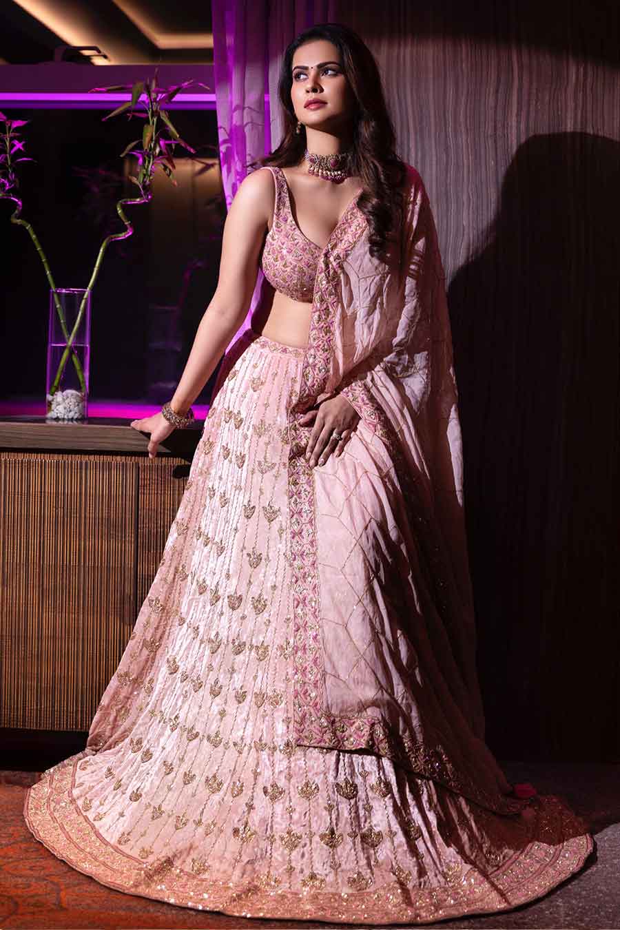 Pink Floral Nakshi Embroidered Lehenga Set