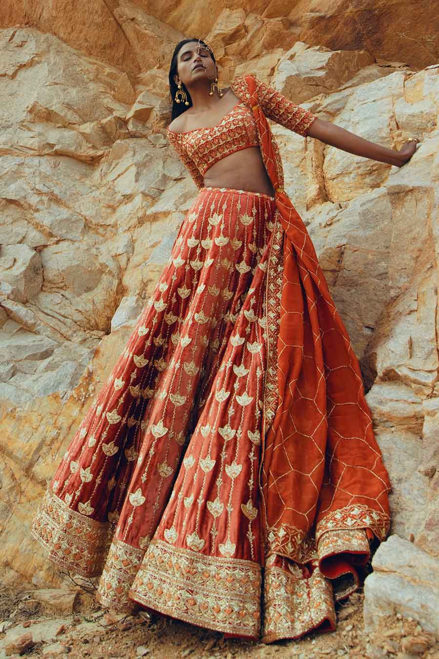 Rust Velvet Embroidered Lehenga Set