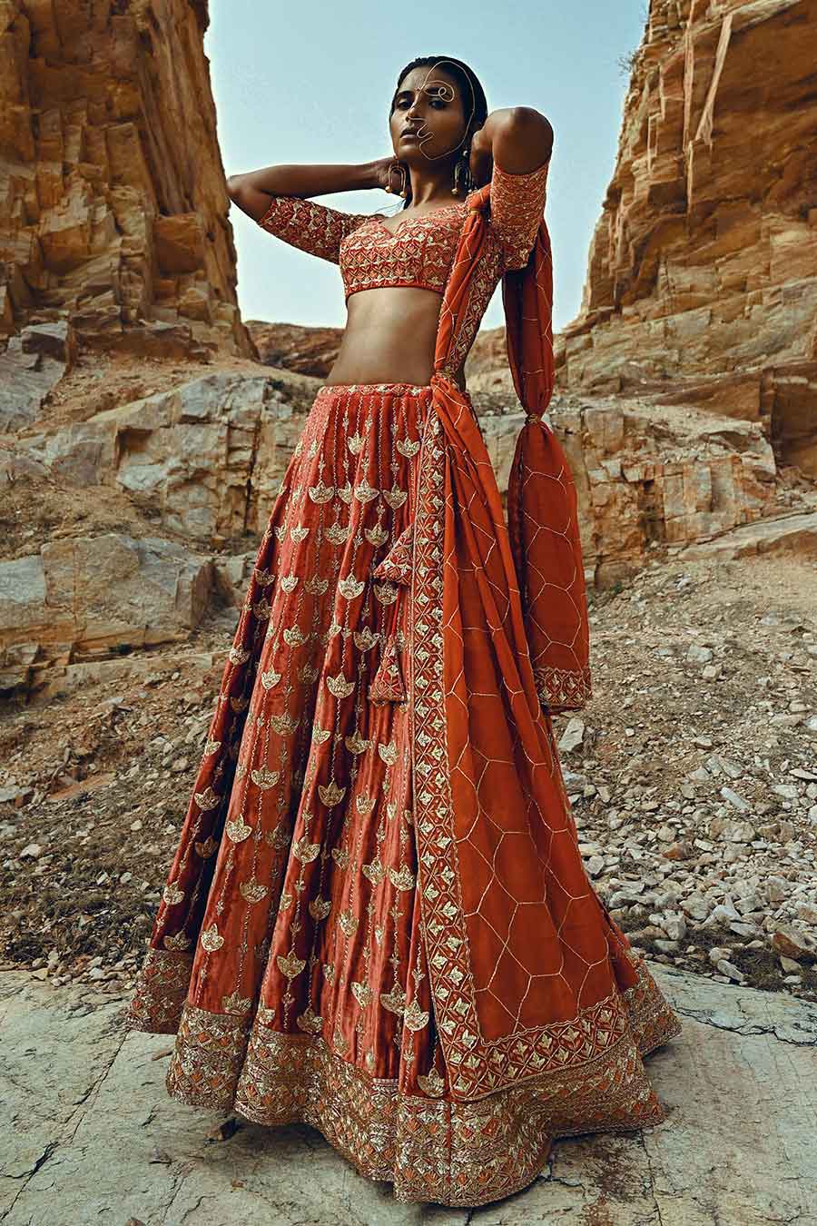 Rust Velvet Embroidered Lehenga Set